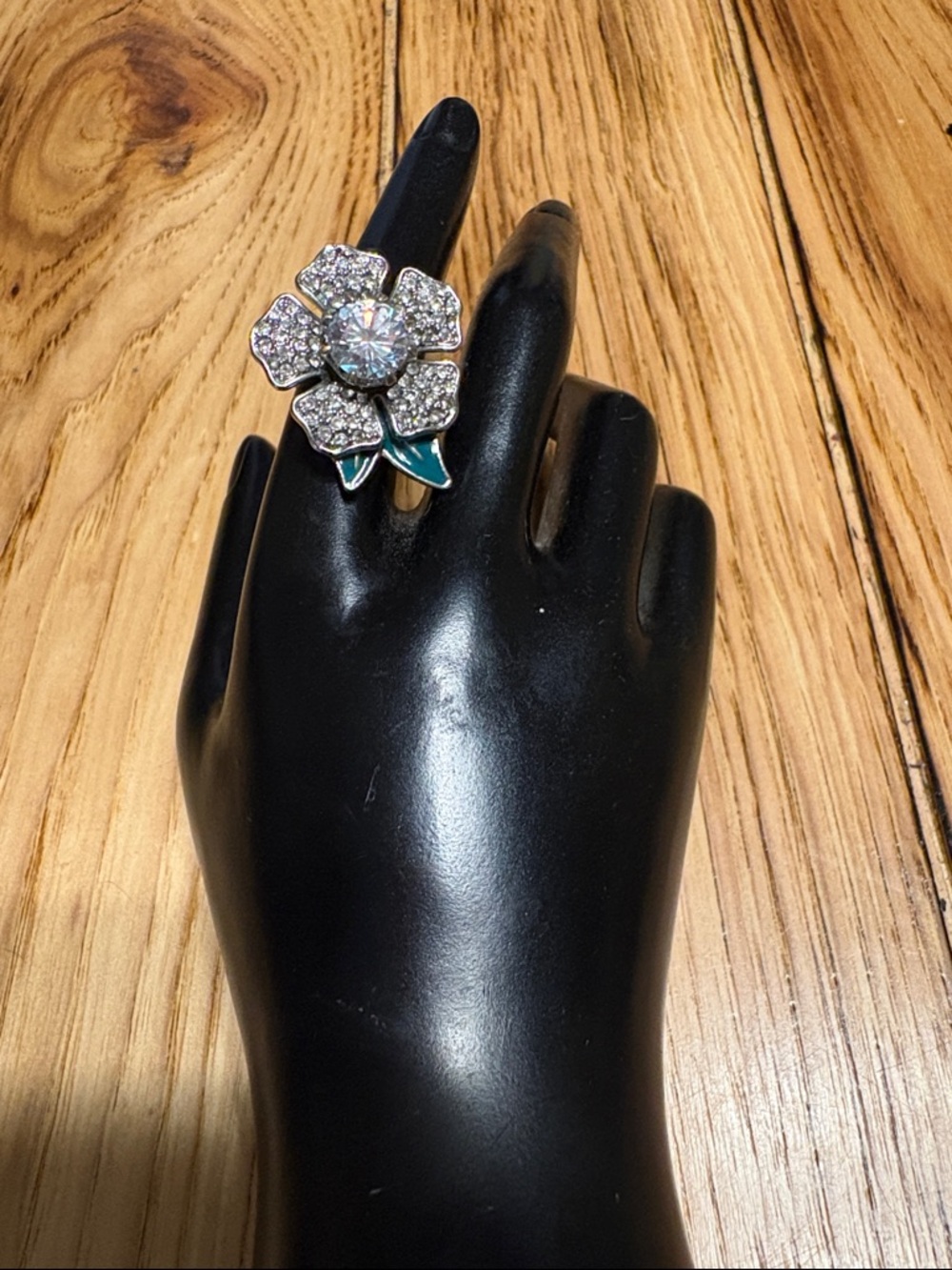 Vintage Juicy Couture Silver Floral Crystal Ring with Teal Enamel Leaves